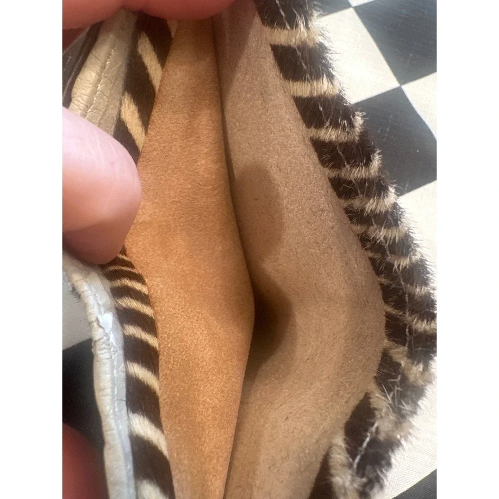 Zebra Print Calf Hair Bifold Wallet Brown Cream Animal Hide Card Case ID Window